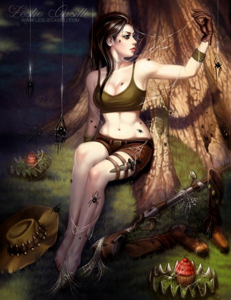 Anime picture 927x1200 with league of legends caitlyn (league of legends) enchantress-lele long hair tall image blue eyes black hair sitting cleavage profile barefoot lips bare belly bare legs legs revision girl gloves navel weapon