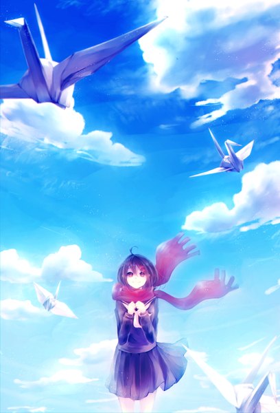 Anime picture 1700x2500 with kagerou project shaft (studio) tateyama ayano yoru (laciexalice) single long hair tall image fringe smile red eyes brown hair standing sky cloud (clouds) pleated skirt wind girl skirt uniform hair ornament