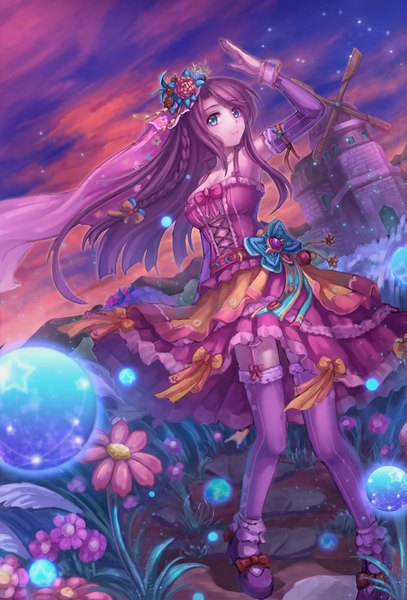 Anime picture 679x1000 with original miazi single long hair tall image blue eyes sky purple hair cloud (clouds) wedding girl thighhighs dress flower (flowers) bow detached sleeves bubble (bubbles) wedding veil windmill