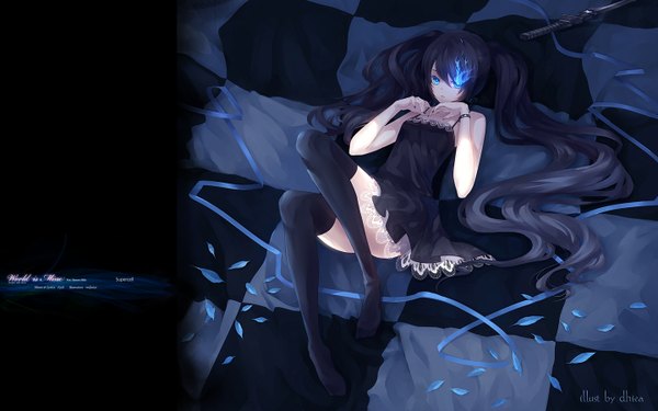 Anime picture 1440x900 with black rock shooter vocaloid world is mine (vocaloid) black rock shooter (character) dhiea single long hair blue eyes black hair wide image twintails very long hair glowing glowing eye (eyes) checkered floor checkered background girl thighhighs dress ribbon (ribbons)