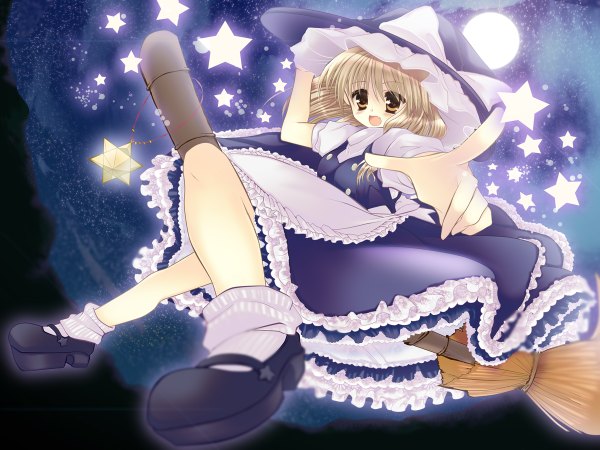 Anime picture 1200x900 with touhou kirisame marisa morita gurutamin long hair blonde hair yellow eyes broom riding girl dress star (symbol) star (stars) apron witch hat