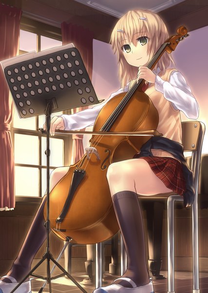 Anime picture 833x1169 with original hiraga matsuri tall image blush short hair brown hair sitting brown eyes girl skirt uniform hair ornament school uniform socks window hairclip black socks bow (instrument) cello