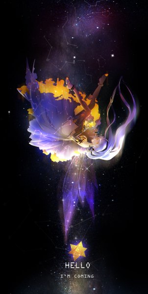 Anime picture 2516x5000 with vocaloid xingchen orry single tall image looking at viewer fringe highres breasts smile bare shoulders yellow eyes blue hair absurdres purple hair ass very long hair multicolored hair night sparkle