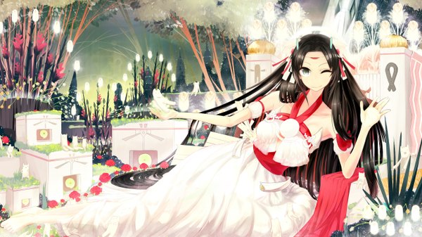 Anime picture 2560x1440 with original aogiri (artist) single long hair looking at viewer highres blue eyes black hair smile wide image one eye closed wink girl dress hair ornament flower (flowers) plant (plants)