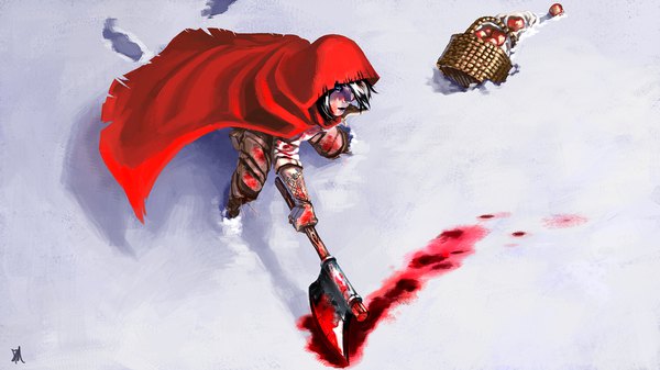 Anime picture 1920x1080 with little red riding hood little red riding hood (character) rat1989 single looking at viewer highres blue eyes black hair wide image standing signed white hair multicolored hair from above two-tone hair wallpaper snow bloody clothes bloody weapon girl