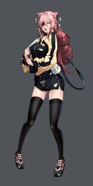 Anime picture 1000x1998 with original soya (torga) single tall image looking at viewer fringe breasts open mouth blue eyes standing animal ears bent knee (knees) braid (braids) long sleeves zettai ryouiki girl thighhighs uniform black thighhighs jacket