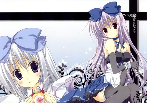 Anime picture 5009x3532 with alice or alice original airi (alice or alice) korie riko long hair blush highres smile red eyes multiple girls absurdres purple hair girl thighhighs dress gloves bow black thighhighs 2 girls hair bow