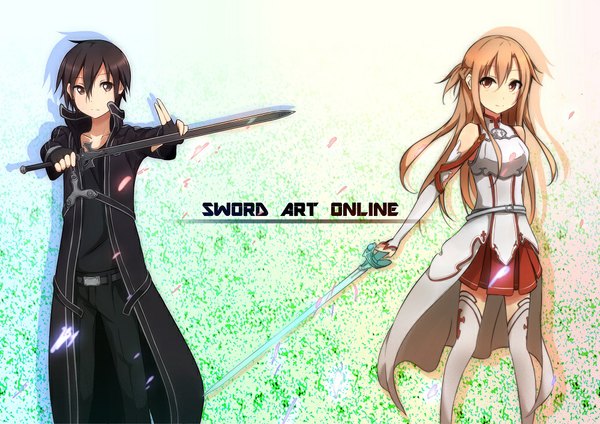 Anime picture 1000x707 with sword art online a-1 pictures yuuki asuna kirigaya kazuto pachi (sugiyama0306) long hair blush short hair black hair blonde hair bare shoulders brown eyes light smile inscription girl thighhighs boy gloves weapon detached sleeves