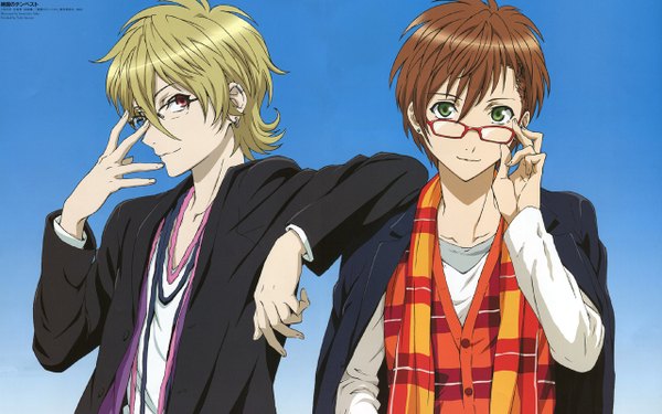 Anime picture 1280x800 with zetsuen no tempest studio bones fuwa mahiro takigawa yoshino looking at viewer short hair blonde hair red eyes brown hair wide image green eyes official art blue background boy glasses jewelry