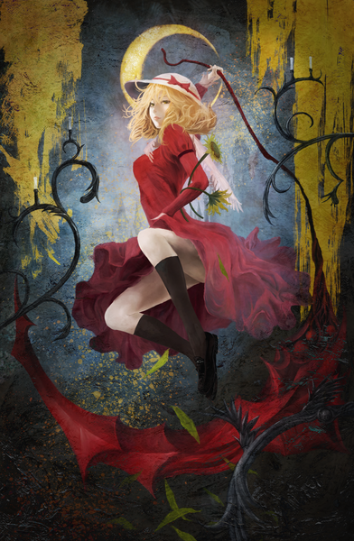 Anime picture 1307x2000 with touhou elly (touhou) akaikitsune single tall image fringe short hair blonde hair lips girl dress flower (flowers) weapon hat socks shoes leaf (leaves) moon candle (candles) sunflower