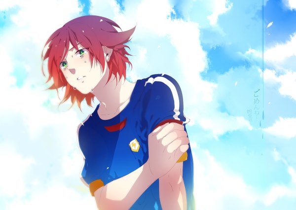 Anime picture 1257x893 with inazuma eleven kiyama hiroto mirunai short hair green eyes sky cloud (clouds) red hair tears crying boy
