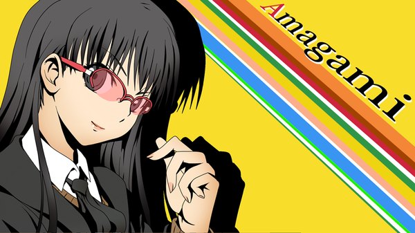 Anime picture 1000x563 with persona 4 amagami ayatsuji tsukasa makisige (artist) single long hair black hair wide image black eyes girl uniform school uniform glasses