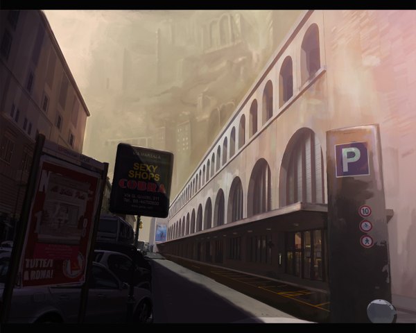 Anime picture 1280x1024 with original en-fance sky city no people ruins street fog window building (buildings) ground vehicle car traffic sign shop