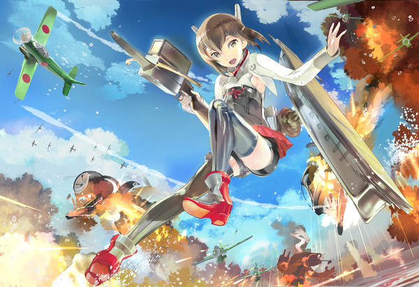 Anime picture 1308x900 with kantai collection taihou armored aircraft carrier 119 looking at viewer short hair open mouth brown hair brown eyes sky girl thighhighs skirt weapon miniskirt shoes headdress armor headband aircraft leggings