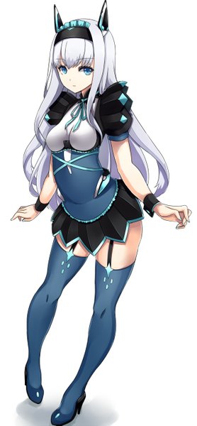 Anime picture 665x1435 with dodonpachi daioujou dodonpachi maria (saidaioujou) asya single long hair tall image looking at viewer fringe blue eyes simple background standing white background white hair high heels alternate costume zettai ryouiki arched back girl thighhighs