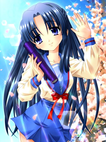 Anime picture 1125x1500 with suzumiya haruhi no yuutsu kyoto animation asakura ryouko sachiko (artist) single long hair tall image blue eyes blue hair sunlight girl uniform school uniform petals serafuku