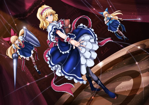 Anime picture 1500x1061 with touhou alice margatroid skyspace (artist) short hair blue eyes blonde hair girl dress weapon sword frills hairband book (books) spear doll (dolls) shield