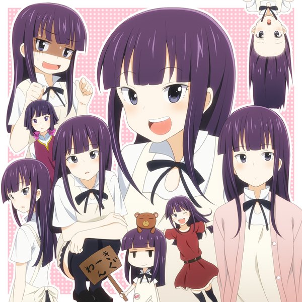 Anime picture 1125x1125 with working!! a-1 pictures yamada aoi daisy (working!!) laco soregashi long hair blush open mouth purple eyes purple hair hieroglyph waitress multiple persona girl thighhighs dress black thighhighs apron teddy bear