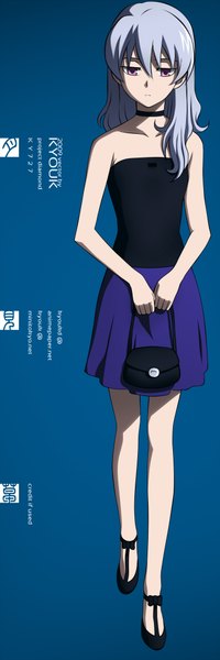 Anime picture 1400x4200 with darker than black studio bones yin (darker than black) single long hair tall image looking at viewer purple eyes bare shoulders silver hair barefoot inscription looking down girl skirt shoes bag handbag