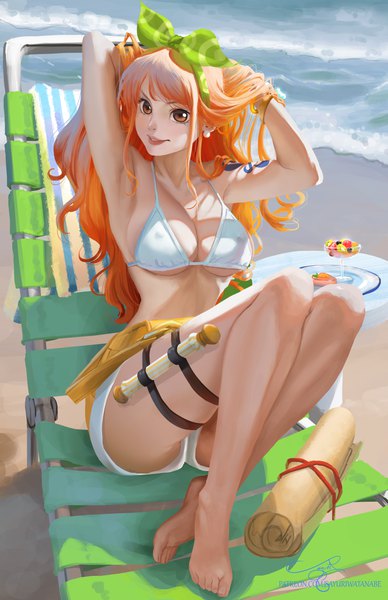 Anime picture 3300x5100 with one piece one piece: stampede toei animation nami (one piece) sayuri watanabe single long hair tall image looking at viewer fringe highres breasts light erotic smile large breasts sitting signed absurdres cleavage full body
