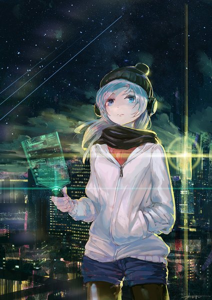 Anime picture 990x1400 with original you shimizu single long hair tall image fringe hair between eyes standing holding signed payot looking away sky cloud (clouds) long sleeves aqua eyes aqua hair night city cityscape