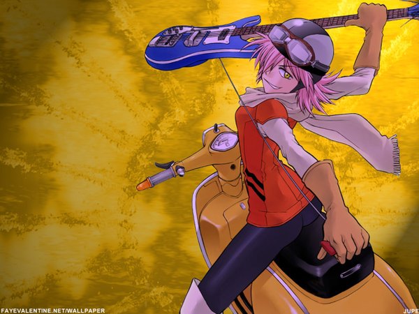 Anime picture 1280x960 with flcl gainax haruhara haruko kikumaru bunta yellow background guitar bass guitar vespa