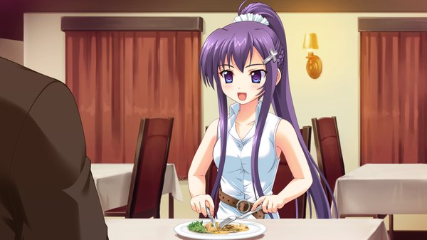 Anime picture 1024x576 with owaru sekai to birthday long hair open mouth blue eyes wide image game cg purple hair ponytail girl food