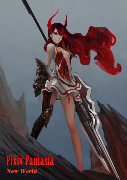 Anime picture 1000x1414 with original pixiv fantasia pixiv fantasia new world kalen.t (artist) tall image breasts red eyes standing holding cleavage red hair horn (horns) wind glowing glowing eye (eyes) girl weapon armor huge weapon