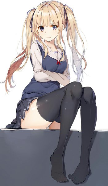 Anime picture 700x1200 with saenai heroine no sodatekata a-1 pictures sawamura spencer eriri rikoma single long hair tall image looking at viewer light erotic blonde hair simple background white background sitting twintails purple eyes payot full body bent knee (knees) pleated skirt pantyshot