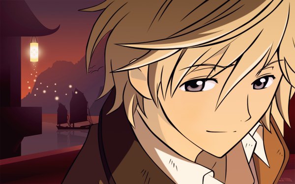 Anime picture 1280x800 with tsubasa reservoir chronicle clamp fay d flourite short hair blonde hair wide image evening close-up boy lantern watercraft ship