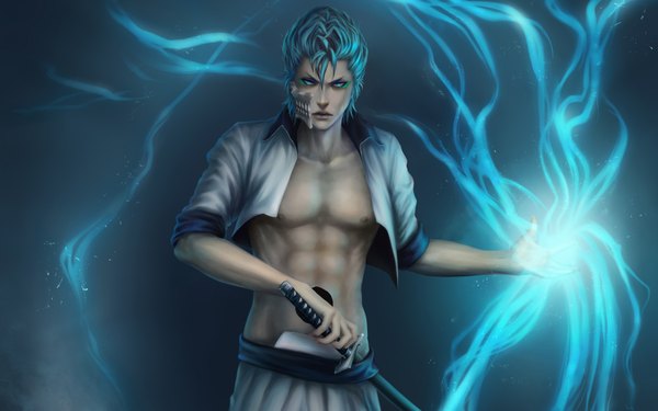Anime picture 1680x1050 with bleach studio pierrot grimmjow jeagerjaques zetsuai89 looking at viewer short hair blue eyes blue hair realistic open clothes wallpaper magic glowing espada boy weapon shirt sword katana mask