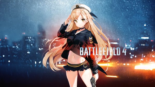 Anime picture 3840x2160 with battlefield 4 original anmi assassinwarrior single long hair highres blonde hair wide image white background yellow eyes absurdres pleated skirt blurry bare belly bare legs shadow copyright name city cityscape