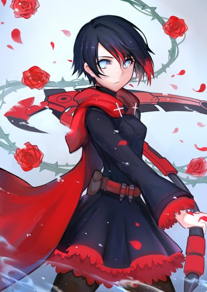 Anime picture 2480x3507 with rwby rooster teeth ruby rose black box single tall image fringe highres short hair breasts black hair simple background standing holding multicolored hair aqua eyes wide sleeves two-tone hair girl dress