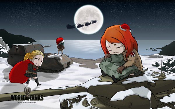 Anime picture 2560x1600 with world of tanks (game) long hair highres short hair open mouth blonde hair wide image multiple girls red hair eyes closed winter snow chibi girl skirt uniform 3 girls moon full moon military uniform
