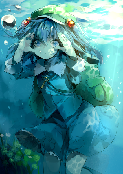 Anime picture 708x1000 with touhou kawashiro nitori asuna (i luv) single tall image looking at viewer short hair blue eyes blue hair sunlight two side up underwater girl skirt hair ornament bubble (bubbles) skirt set hair tie backpack flat cap