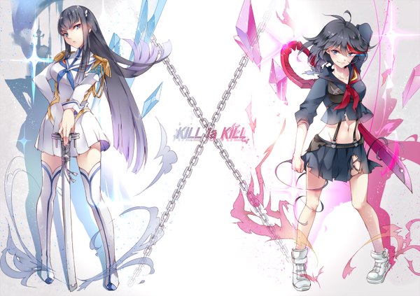 Anime picture 1500x1058 with kill la kill studio trigger matoi ryuuko kiryuuin satsuki 041 long hair short hair blue eyes black hair multiple girls full body red hair multicolored hair two-tone hair streaked hair girl skirt navel uniform weapon