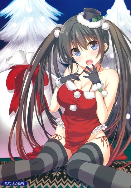 Anime picture 2312x3300 with original nanase meruchi single long hair tall image looking at viewer blush highres breasts open mouth blue eyes light erotic black hair twintails scan christmas girl thighhighs gloves underwear