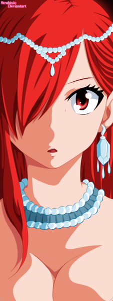 Anime picture 1200x3176 with fairy tail erza scarlet strabixio single long hair tall image fringe open mouth light erotic red eyes red hair hair over one eye coloring portrait close-up face girl earrings jewelry