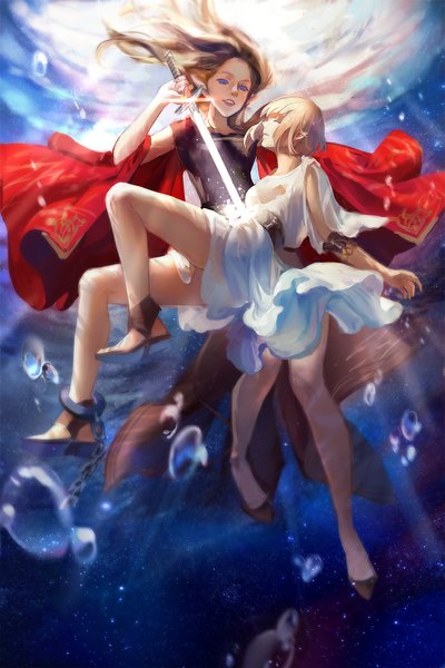Anime picture 700x1048 with original pixiv fantasia pixiv fantasia t achyue long hair tall image short hair blue eyes blonde hair brown hair multiple girls eyes closed pointy ears underwater girl dress weapon 2 girls sword water
