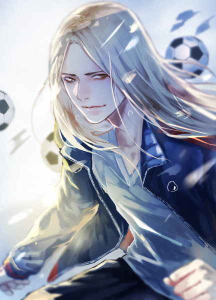 Anime picture 648x900 with days mappa kazama jin (days) saito yukihiro single long hair tall image looking at viewer simple background blonde hair brown eyes light smile boy uniform gym uniform ball fist soccer ball