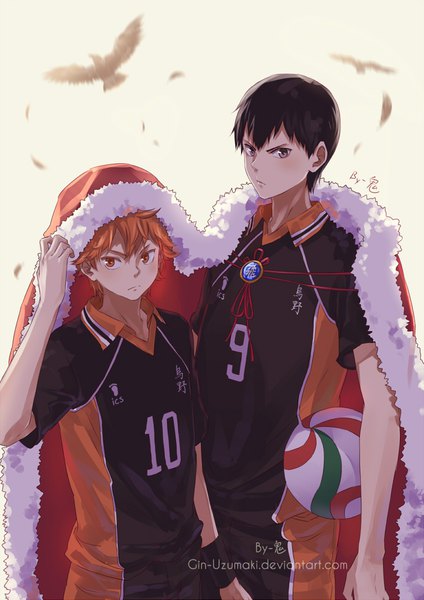 Anime picture 707x1000 with haikyuu!! production i.g kageyama tobio hinata shouyou gin-uzumaki tall image short hair black hair simple background white background holding signed orange hair inscription multiple boys grey eyes orange eyes fur trim watermark serious