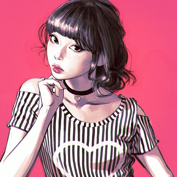 Anime picture 900x900 with original ilya kuvshinov single looking at viewer fringe short hair black hair simple background bare shoulders pink hair multicolored hair lips black eyes realistic lipstick gradient hair striped pink background pink lipstick heart print