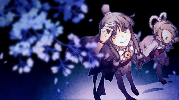 Anime picture 1000x563 with ace attorney maya fey ayasato harumi niian long hair short hair black hair smile brown hair wide image multiple girls brown eyes traditional clothes japanese clothes from above black eyes hair bun (hair buns) cherry blossoms looking down looking up