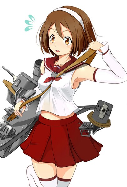 Anime picture 710x1046 with kantai collection natori light cruiser akame (akamiru) single tall image short hair open mouth simple background brown hair white background bare shoulders brown eyes looking away girl thighhighs uniform detached sleeves white thighhighs serafuku hairband