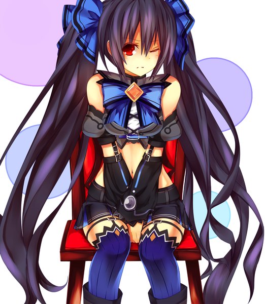 Anime picture 1024x1177 with choujigen game neptune noire kirchhoff long hair tall image black hair simple background red eyes white background sitting twintails bare shoulders one eye closed wink girl thighhighs navel bow hair bow miniskirt