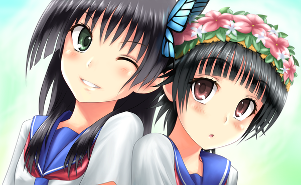 Anime picture 1136x700 with to aru kagaku no railgun j.c. staff saten ruiko uiharu kazari misoinu long hair blush short hair black hair smile wide image multiple girls brown eyes green eyes one eye closed wink girl flower (flowers) 2 girls serafuku