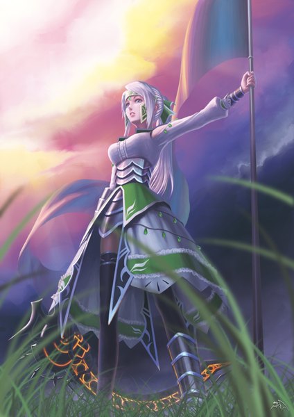 Anime picture 2480x3508 with fantasy earth zero fantasy earth darkmuleth single long hair tall image fringe highres breasts standing holding cloud (clouds) ponytail aqua eyes lips underbust girl thighhighs weapon plant (plants)