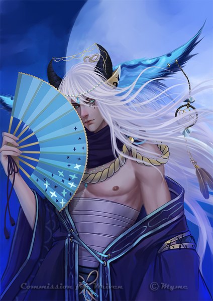 Anime picture 650x919 with original hatsya (wriven) myme1 single long hair tall image looking at viewer blue eyes simple background bare shoulders holding signed animal ears white hair traditional clothes head tilt japanese clothes horn (horns) realistic facial mark