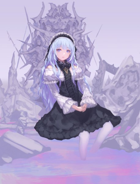 Anime picture 610x800 with original jname single long hair tall image looking at viewer fringe blue eyes sitting bare shoulders silver hair long sleeves parted lips wide sleeves hands clasped girl dress pantyhose black dress white pantyhose