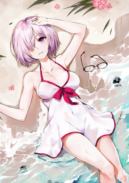 Anime picture 800x1132 with fate (series) fate/grand order mash kyrielight mash kyrielight (swimsuit of perpetual summer) emyo single tall image looking at viewer blush fringe short hair breasts light erotic smile purple eyes signed cleavage purple hair outdoors lying
